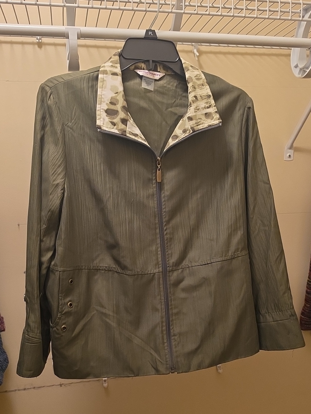 Allison Daley Olive Green Zip-Front Utility Jacket with Patterned Collar
